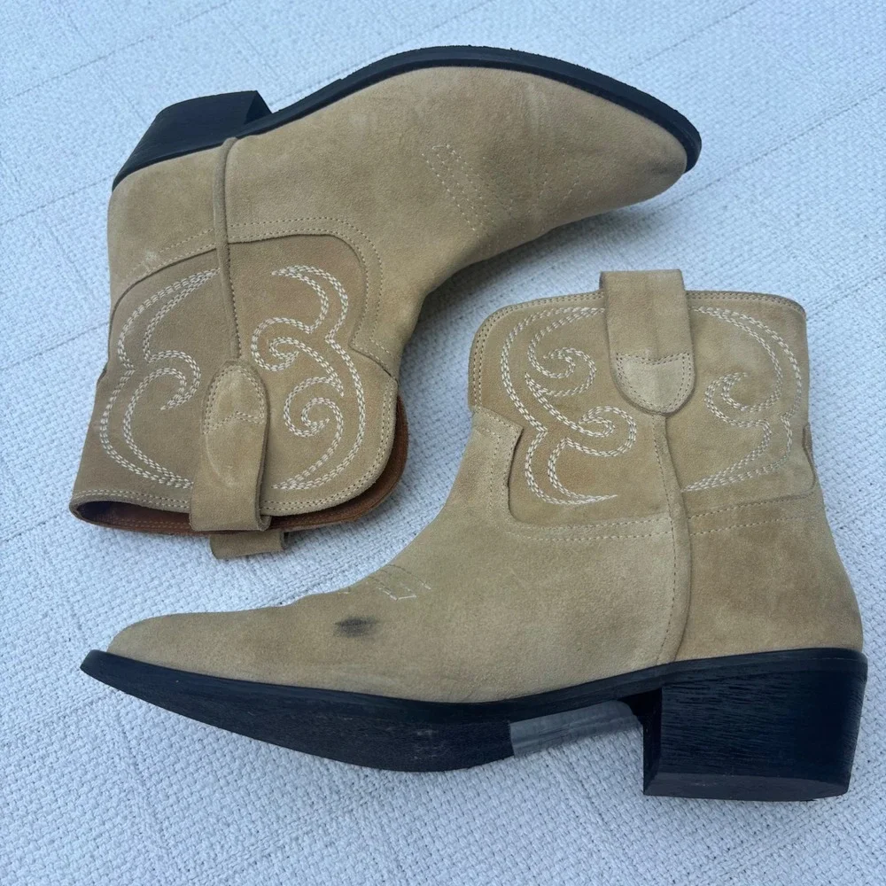 Women's 38 TORAL Puja Light Tan Suede Leather Short Pull On Cowboy Western Boots